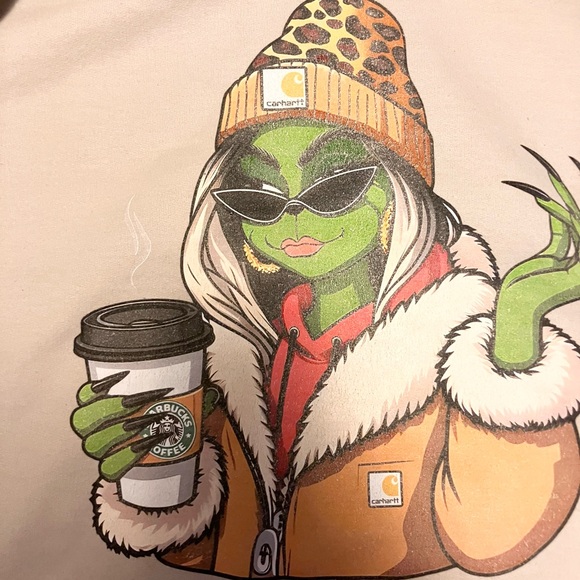 Gildan Girly Grinch Starbucks Carhartt Hoodie Sweatshirt Tan 2XL Christmas - Picture 2 of 7